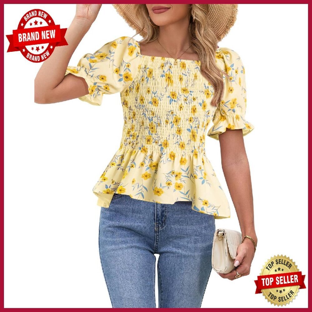 Puff Sleeve Floral Peplum Blouse Smocked Square Neck Loose Fit